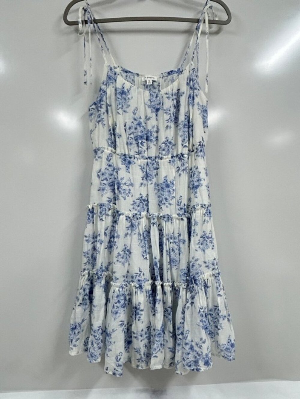 Blu Pepper Blue Floral Tiered Mini Dress XL Cottagecore Tie Strap Flowy Sundress - Picture 1 of 8